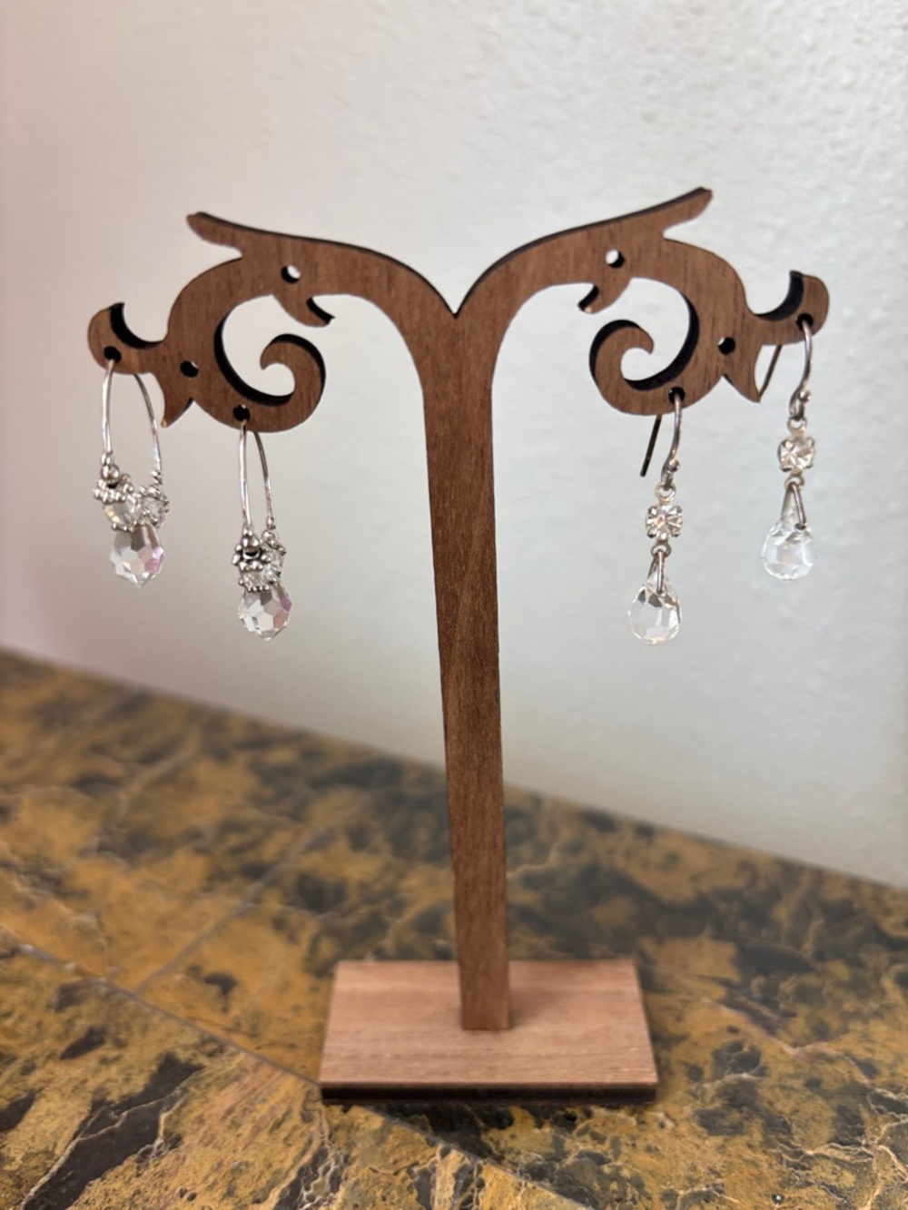 ✨TWO✨Pairs‎ of Silver Clear Crystal Earrings🤍 1 Dangle Style , 1 Hoop Style